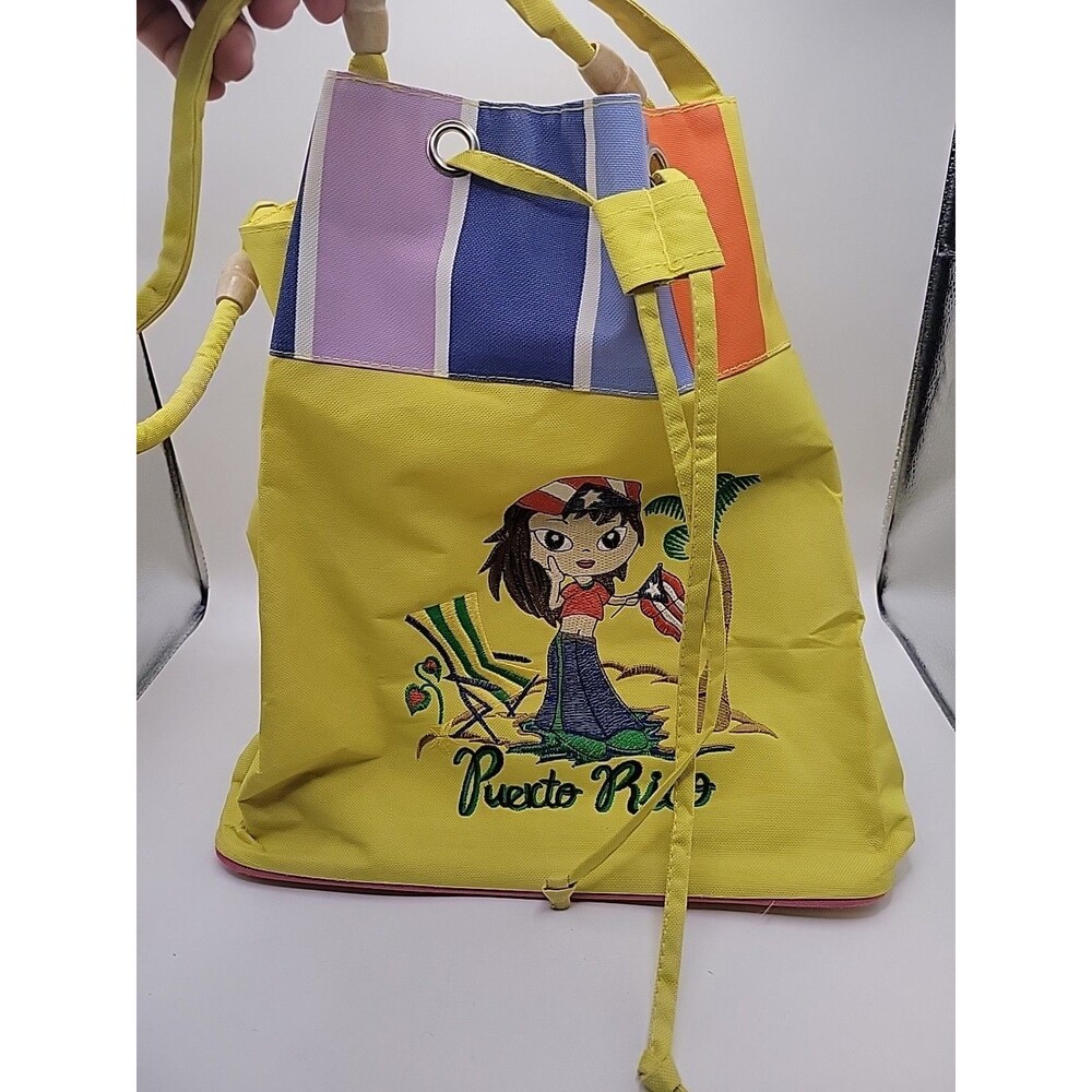 Vintage 1990s Embroidered Puerto Rico Flat Bottom Drawstring Tote Bag Beach Bag